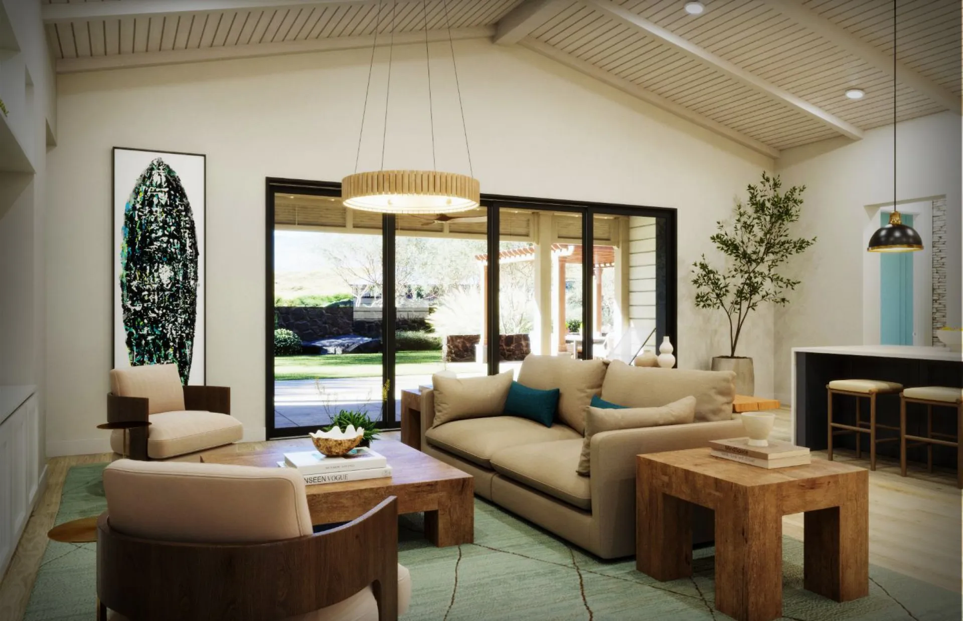 Modern living room with large windows, beige sofas, and wooden furniture.